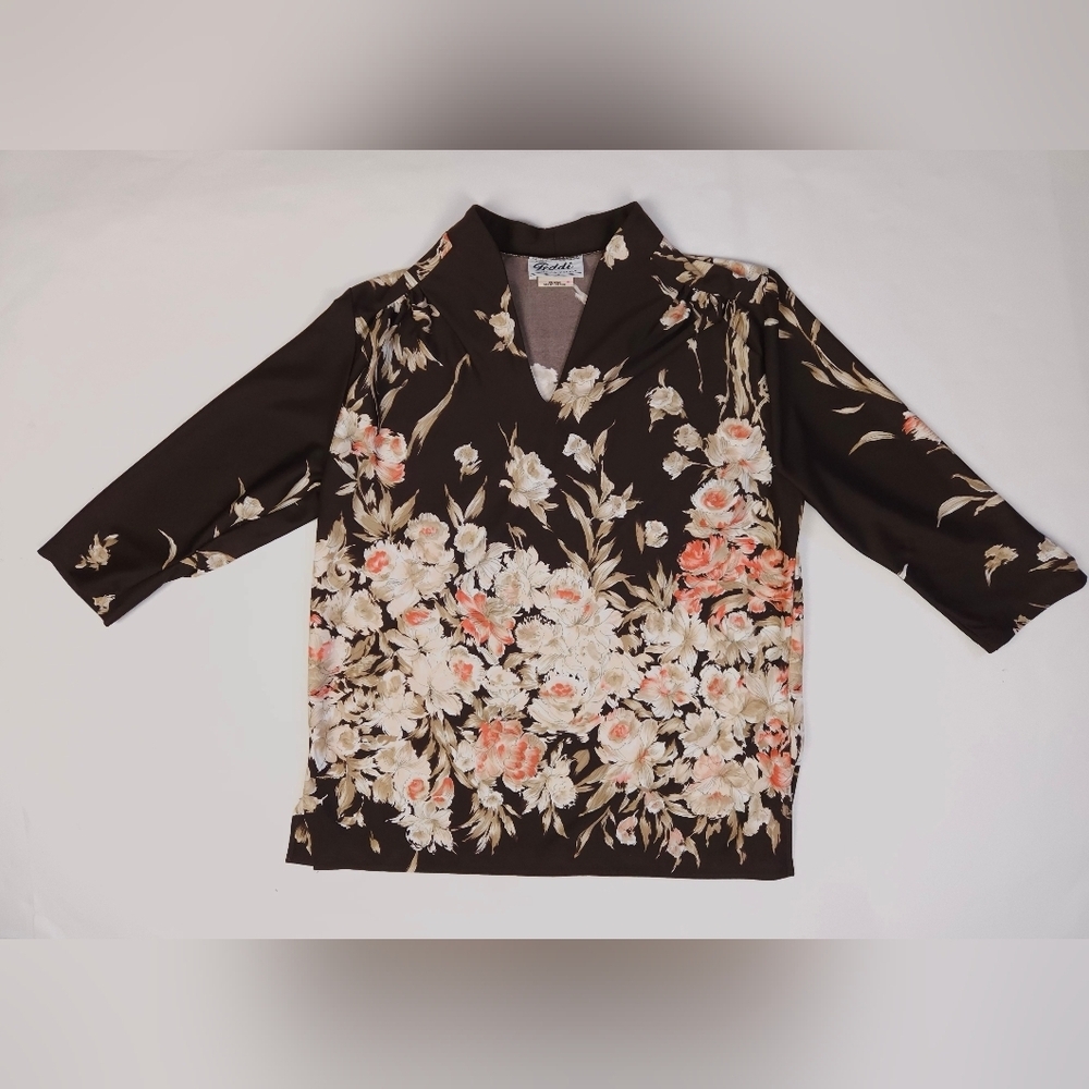Vintage 60s Teddi Of California Brown Watercolor Floral Pullover Top Medium